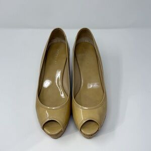 Jimmy Choo Nude Patent Leather Cork Wedge Peep Toe Heels Size 39.5